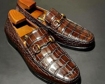 Herren Alligator Leder Horsebit Loafers - Handgefertigte Braun Exotic Skin Slip-On-Schuhe