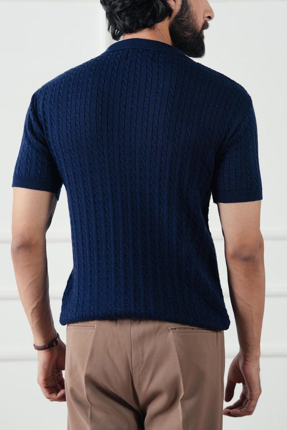 Navy Ribbed Knit Polo Shirt: Vintage Style Cotton Blend Menswear
