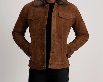 Men's Brown Suede Trucker Jacket with Shearling Collar | Warm Sheepskin Leather Coat