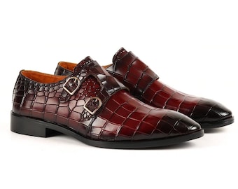 Handmade Burgundy Crocodile Embossed Leather Monk Strap Dress Shoes