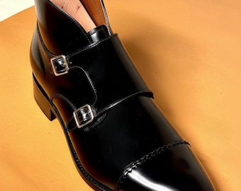 Mens Black Leather Double Monk Strap Boots, Handmade Ankle Dress Boots with Cap Toe, Luxury Formal Buckle Boots for Men