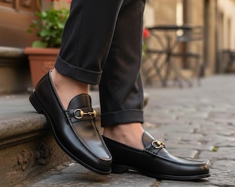Men's Black Leather Horsebit Loafers, Genuine Calf Leather Penny Slippers, Handmade Italian Style Dress Shoes, Quiet Luxury Gift for Men