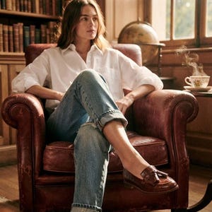 May include: A crisp white button-down shirt with long sleeves and a classic collar, paired with light blue denim jeans featuring a distressed knee detail and cuffed hems, worn with brown leather loafers that have a tassel and fringe detail.