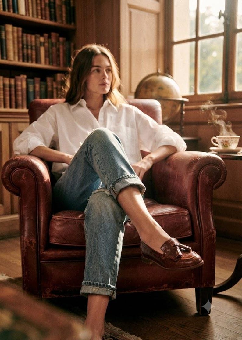 May include: A crisp white button-down shirt with long sleeves and a classic collar, paired with light blue denim jeans featuring a distressed knee detail and cuffed hems, worn with brown leather loafers that have a tassel and fringe detail.