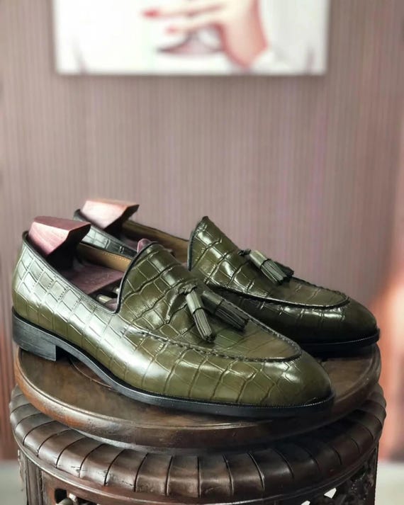 Olive Green Crocodile Embossed Leather Tassel Loafers | Italian Style Slip-Ons