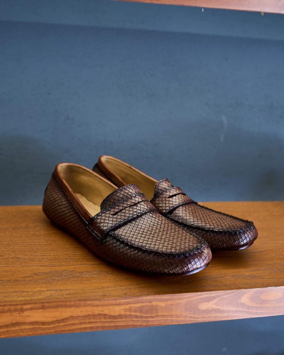 Handmade Men's Leather Loafers, Woven Textured Penny Loafers, Brown Leather Slip On Shoes, Men's Moccasins, Luxury Dress Shoes, Gift for Him
