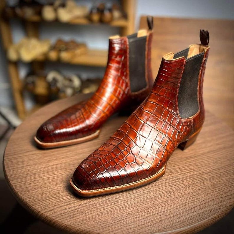 Handmade brown crocodile embossed Chelsea boots for men in multi tonal cognac leather, luxury exotic boots with stacked leather heel, elastic side gussets and Goodyear style welt finish