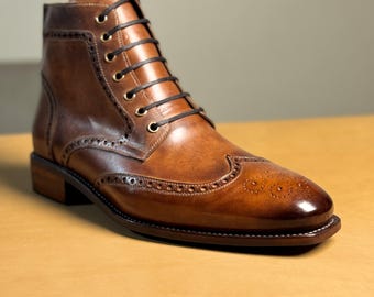 Mens Tan Leather Brogue Boots, Handmade Wingtip Ankle Boots, Classic Lace Up Dress Boots for Wedding & Business Casual