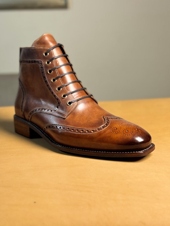Mens Tan Leather Brogue Boots, Handmade Wingtip Ankle Boots  display picture 3