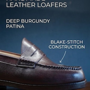 May include: Deep burgundy leather loafers with Blake-stitch construction. The image highlights the shoe's handmade quality and rich patina. The text reads "Shop the Old Money Look" and "Harmain Leathers, Artisan Footwear."