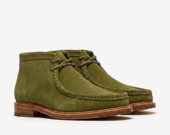 Handmade Olive Suede Moccasin Boots with Leather Sole- Bespoke Artisan Footwear Gift for Him