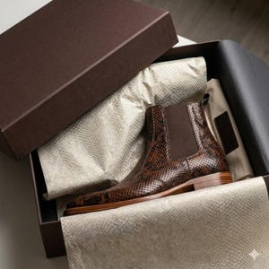 May include: A brown leather Chelsea boot with a snakeskin pattern is displayed inside a brown box. The boot has a pointed toe and elastic side panels. The box is lined with patterned paper.