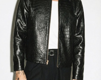Black Croc Embossed Leather Jacket Men | Exotic Texture Biker Coat | Statement Gift for Him