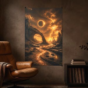 Solar Eclipse Poster, Golden Alien Desert with Stone Arch