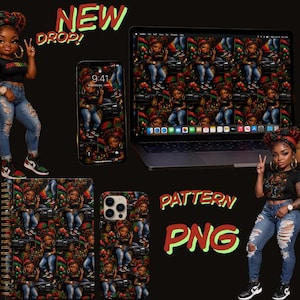 Op de afbeelding: Digitale kunstcompositie met een herhalend patroon van een cartoonvrouw op een laptop, telefoon, notitieboek en telefoonhoesje. De vrouw draagt een zwarte top en een gescheurde jeans. De woorden "NEW DROP!" en "PATTERN PNG" worden weergegeven.