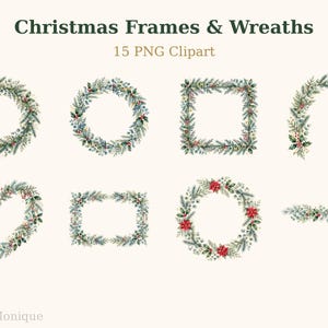 Christmas Frames & Wreaths Clipart, 15 PNG Watercolor Greenery Frames, Empty Center, Holiday Borders, Transparent, Commercial Use
