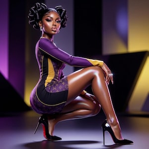 May include: A woman in a purple, yellow, and black mini dress with a monogram pattern, and black high heels. The dress features long sleeves and a colour-blocked design. The heels have red soles.