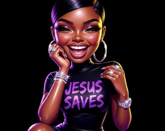 May include: Cartoon illustration of a smiling person with dark skin, wearing a black top with the text "JESUS SAVES" in purple. The person is adorned with jewelry, including hoop earrings, rings, and a watch. The background is black.