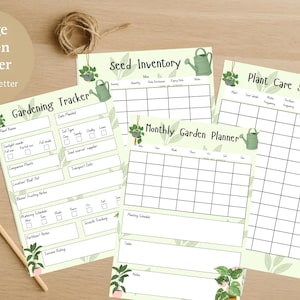 Può includere: Set di quattro pagine di pianificatore di giardinaggio con sfondo verde chiaro e illustrazioni botaniche. Include un tracker di giardinaggio, inventario dei semi, pianificatore mensile del giardino e programma di cura delle piante.