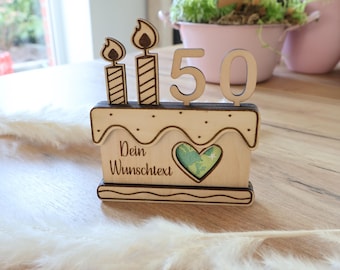 Wooden cake with banknote slot | personalized with number (0–99) and engraving | Gift & table decoration for birthdays/anniversaries