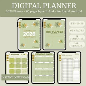 Peut inclure: Planificateur numérique pour 2026, conçu pour iPad et Android. Le planificateur comprend 66 pages, 2 thèmes, 15 modèles et plus de 145 autocollants. Comprend un calendrier, des dates importantes et des pages de suivi des habitudes.