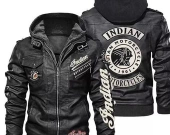 Indian Motorcycle Cow Leather Jacket Hoodie 2025 Model/Indian Raiding Biker Leather Jacket/Men's Black Genuine Leather Hoodie Jacket