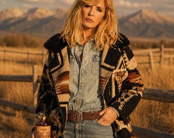 Handgemaakte vervaardigde Dutton Ranch Beth Dutton Kelly Reilly Azteekse wollen pilotenjack met schapenvacht kraag/handgemaakte wollen korte jas