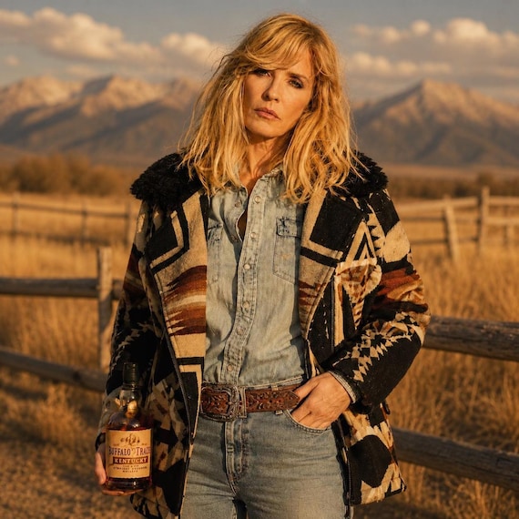 Handmade Crafted Dutton Ranch Beth Dutton Kelly Reilly Aztec Pattern Wool Aviator Jacket with Shearling Collar/Handmade Wool Short Coat