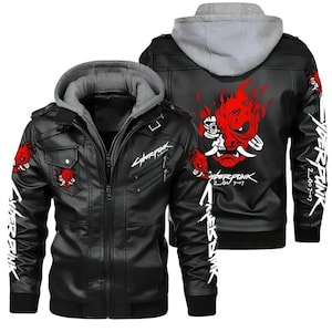 Men&#39;s Cyberpunk 2077 Samurai Black Leather Jacket/Hooded Leather Jacket/Gaming Cosplay Coat for Halloween/Cyberpunk 2077 Samurai Jacket