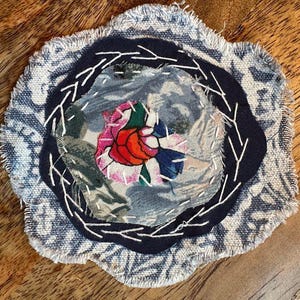 French / Cabbage Rose Fabric Collage Patch Hand Stitched Embroidery, Boro & Sashiko Style. 4x5   #123