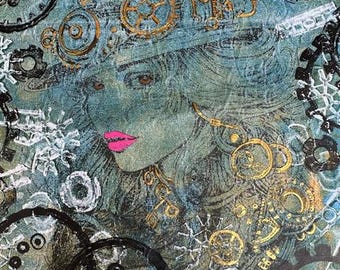 Steampunk Victorian Era Style - hand painted fabric patch, OOAK  #330