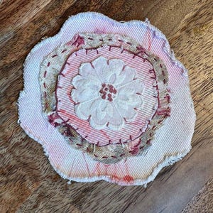 French / Cabbage Rose Fabric Collage Patch Hand Stitched Embroidery, Boro & Sashiko Style. 4x5   #128