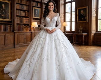 Luxuriöses, langärmeliges A-Linien-Brautkleid, funkelndes, perlenbesetztes Brautkleid, Kathedralenschleppe mit Schnürung am Rücken, modernes Prinzessinnen-Brautkleid