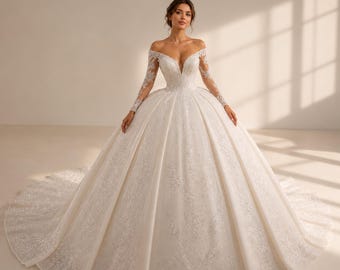 Luxurious Off Shoulder Ball Gown Wedding Dress with Long Sleeves | Shimmering Glitter Lace Bridal Gown