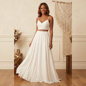 Boho Two-Piece Wedding Dress – Lace Crop Top, Chiffon Skirt, Backless Bridal Gown