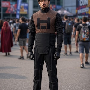 Premium Din Djarin inspired cosplay suit featuring high quality craftsmanship, tailored sci fi flight suit design, durable stitched panels, fitted black tactical fabric, brown chest detailing, matching gloves, and cinematic Mandalorian style appearance. Perfect for Comic Con, cosplay events, Halloween, conventions, collectors, and bounty hunter fans. Handmade custom costume with professional finish, comfortable fit, realistic detail, and premium cosplay quality for immersive fan experiences.
