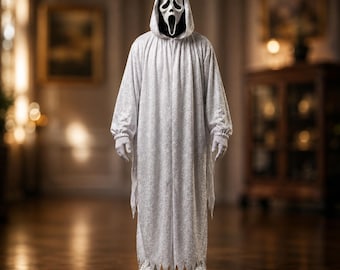 White Ghostface Costume Set – Scream Movie Robe, Mask & Gloves | Adult Halloween Cosplay