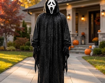 Ghost Face Halloween Costume, Black Hooded Robe & Gloves, Adult Cosplay Outfit