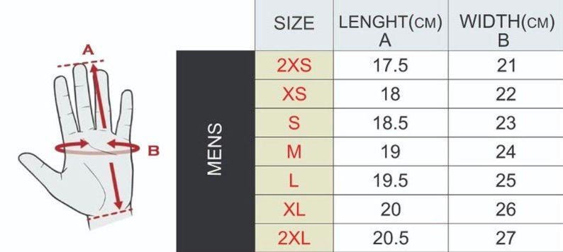 May include: A size chart for men's gloves, with measurements in centimeters. The chart includes sizes from 2XS to 2XL, with corresponding lengths and widths. A hand illustration shows how to measure length and width.