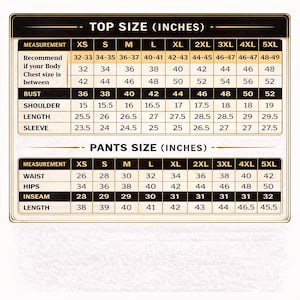 Puede incluir: Una tabla de tallas detallada para tops y pantalones, con medidas en pulgadas. La tabla incluye tallas XS a 5XL, enumerando medidas de busto, hombro, largo, manga, cintura, caderas, entrepierna y largo para cada talla.