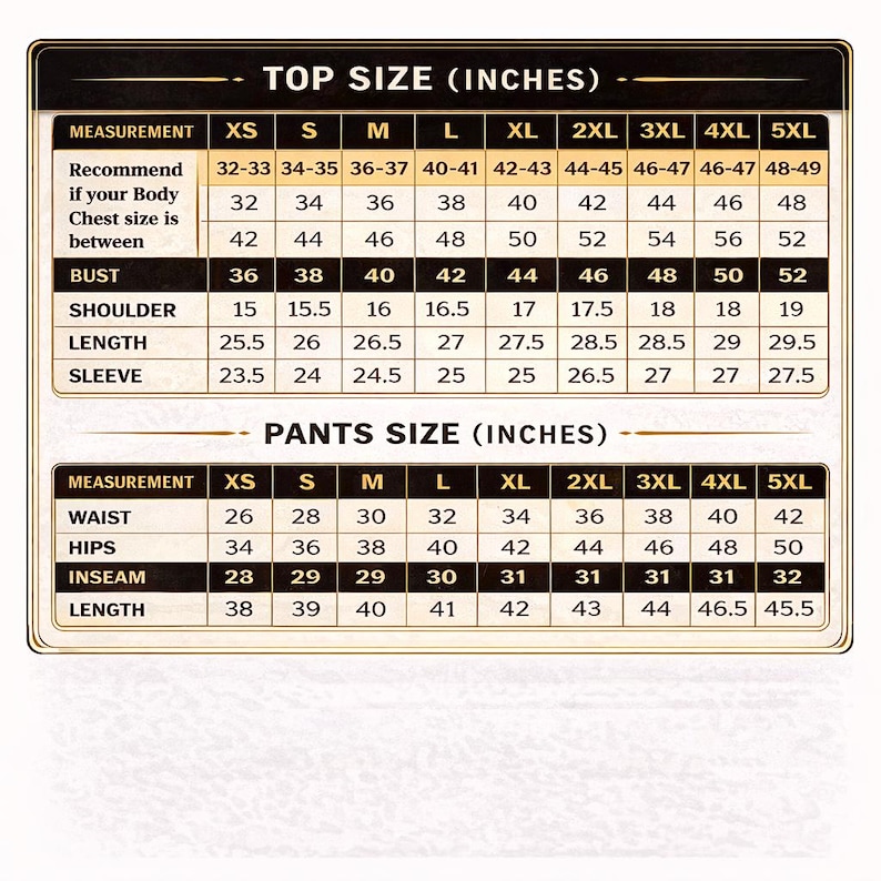 Puede incluir: Una tabla de tallas detallada para tops y pantalones, con medidas en pulgadas. La tabla incluye tallas XS a 5XL, enumerando medidas de busto, hombro, largo, manga, cintura, caderas, entrepierna y largo para cada talla.