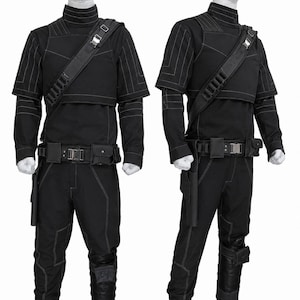 Star Wars Mandalorian Cosplay Costume displayed with custom flight suit, tactical vest and utility belt. Expertly handcrafted with reinforced stitching, accurate design details and durable fabric for long-lasting wear. Premium quality bounty hunter outfit for conventions, cosplay competitions, themed events and collectors. Comfortable custom fit, realistic appearance and professional craftsmanship combine to create an authentic screen costume with exceptional detail and outstanding visual impact