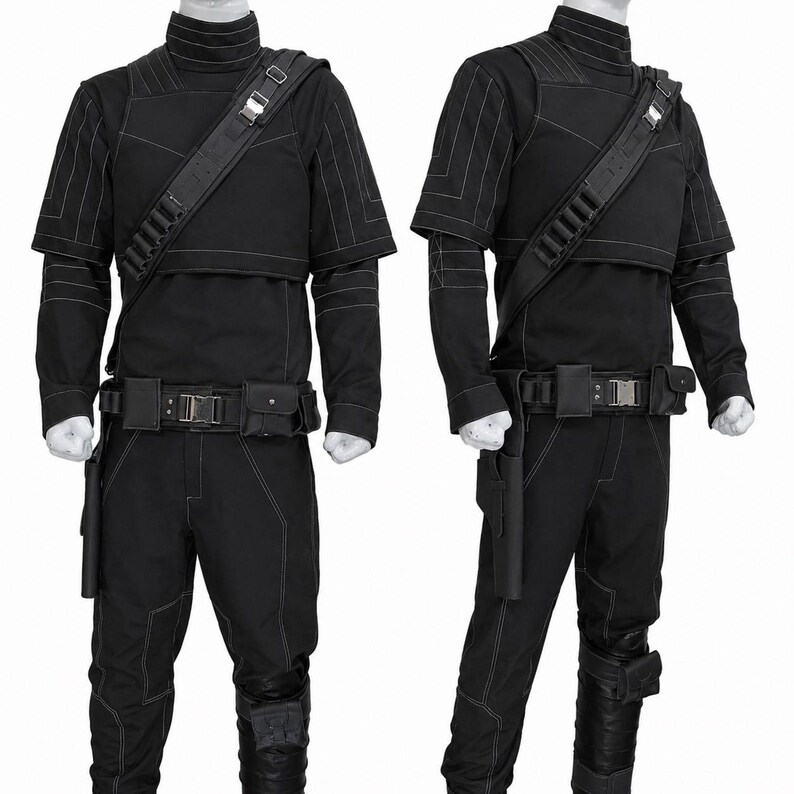 Star Wars Mandalorian Cosplay Costume displayed with custom flight suit, tactical vest and utility belt. Expertly handcrafted with reinforced stitching, accurate design details and durable fabric for long-lasting wear. Premium quality bounty hunter outfit for conventions, cosplay competitions, themed events and collectors. Comfortable custom fit, realistic appearance and professional craftsmanship combine to create an authentic screen costume with exceptional detail and outstanding visual impact