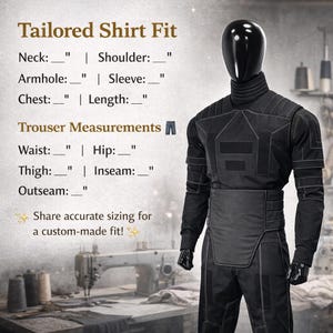 Puede incluir: Un conjunto de camisa y pantal&oacute;n negro a medida exhibido en un maniqu&iacute;. La imagen incluye texto sobre las medidas de la camisa y el pantal&oacute;n, como cuello, hombros, cintura y cadera. Una m&aacute;quina de coser y carretes de hilo en el fondo.