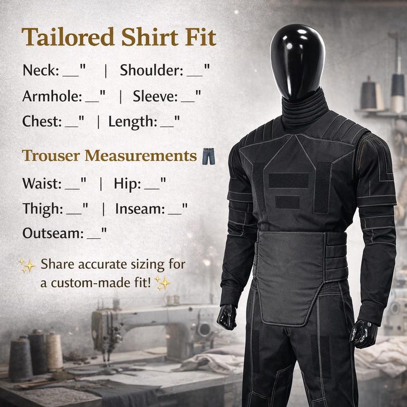 Puede incluir: Un conjunto de camisa y pantal&oacute;n negro a medida exhibido en un maniqu&iacute;. La imagen incluye texto sobre las medidas de la camisa y el pantal&oacute;n, como cuello, hombros, cintura y cadera. Una m&aacute;quina de coser y carretes de hilo en el fondo.