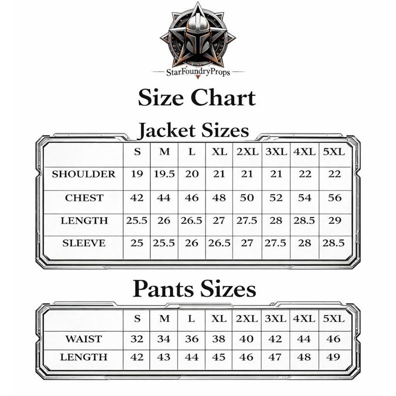 Puede incluir: Tabla de tallas para chaquetas y pantalones, con medidas en pulgadas. La tabla incluye tallas de chaqueta para hombro, pecho, largo y manga, y tallas de pantal&oacute;n para cintura y largo. El logotipo de StarFoundryProps est&aacute; en la parte superior.