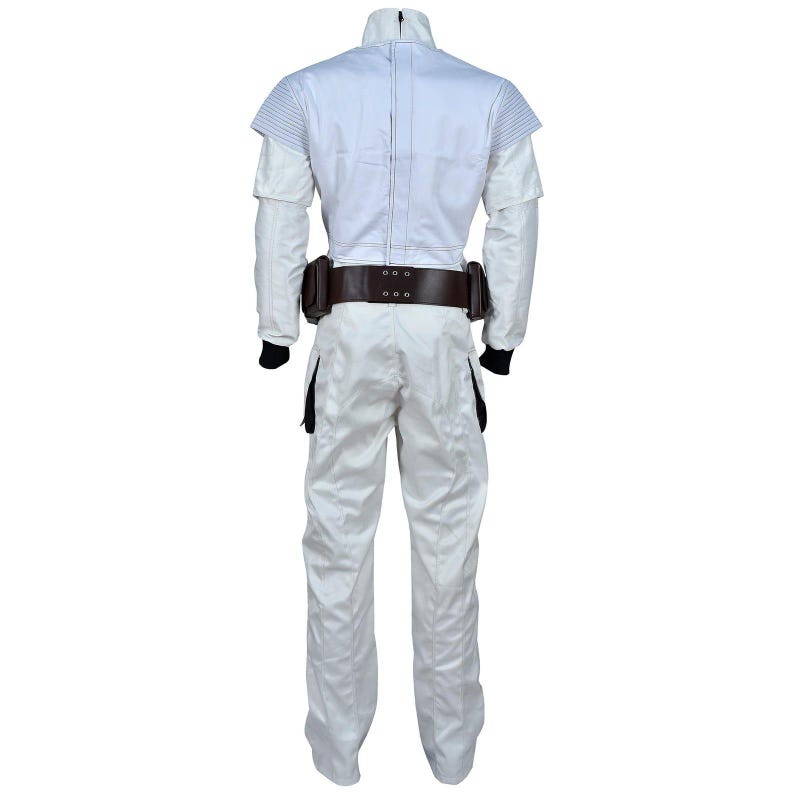 May include: A white jumpsuit with a high collar and long sleeves. The costume features a brown belt with pouches and black cuffs. The back of the outfit is visible, showcasing the tailored design and stitching details.