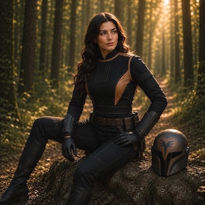 Bo-Katan inspired Mandalorian cosplay costume featuring high quality tailored flight suit design, detailed stitching, fitted black tactical fabric, brown armor accents, matching gloves, and cinematic sci fi warrior style. Perfect for Comic Con, cosplay conventions, Halloween, collectors, and Mandalorian fans. Handmade custom cosplay outfit with durable craftsmanship, realistic detail, comfortable fit, and professional finish for immersive bounty hunter cosplay and convention-ready photoshoots.