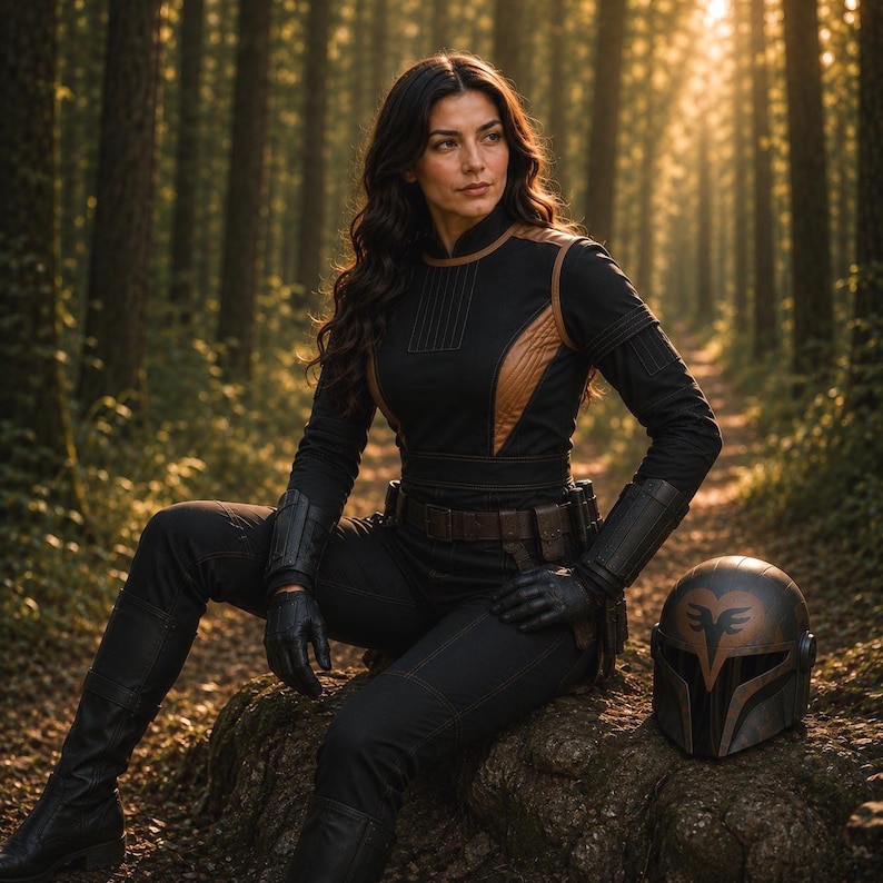 Bo-Katan inspired Mandalorian cosplay costume featuring high quality tailored flight suit design, detailed stitching, fitted black tactical fabric, brown armor accents, matching gloves, and cinematic sci fi warrior style. Perfect for Comic Con, cosplay conventions, Halloween, collectors, and Mandalorian fans. Handmade custom cosplay outfit with durable craftsmanship, realistic detail, comfortable fit, and professional finish for immersive bounty hunter cosplay and convention-ready photoshoots.