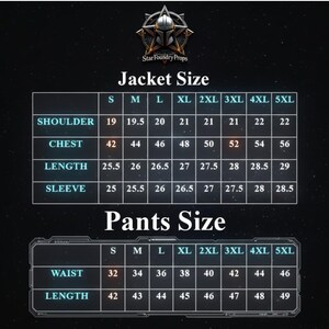 May include: Size chart for jackets and trousers, with measurements in inches. The jacket size chart includes shoulder, chest, length, and sleeve measurements. The trousers size chart includes waist and length measurements.